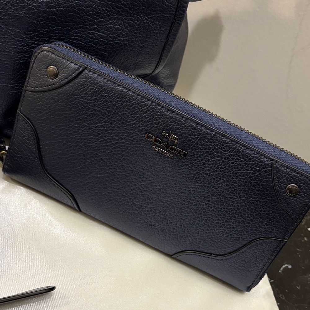 Coach Mickie Dark Blue Metallic Leather Tote and Wallet Set - Picture 3 of 11